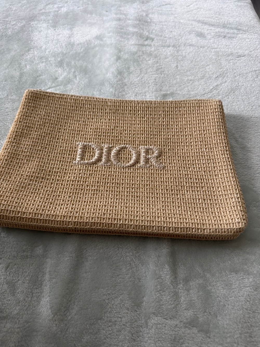 Dior Beige Woven Straw Pouch with Raised Logo
